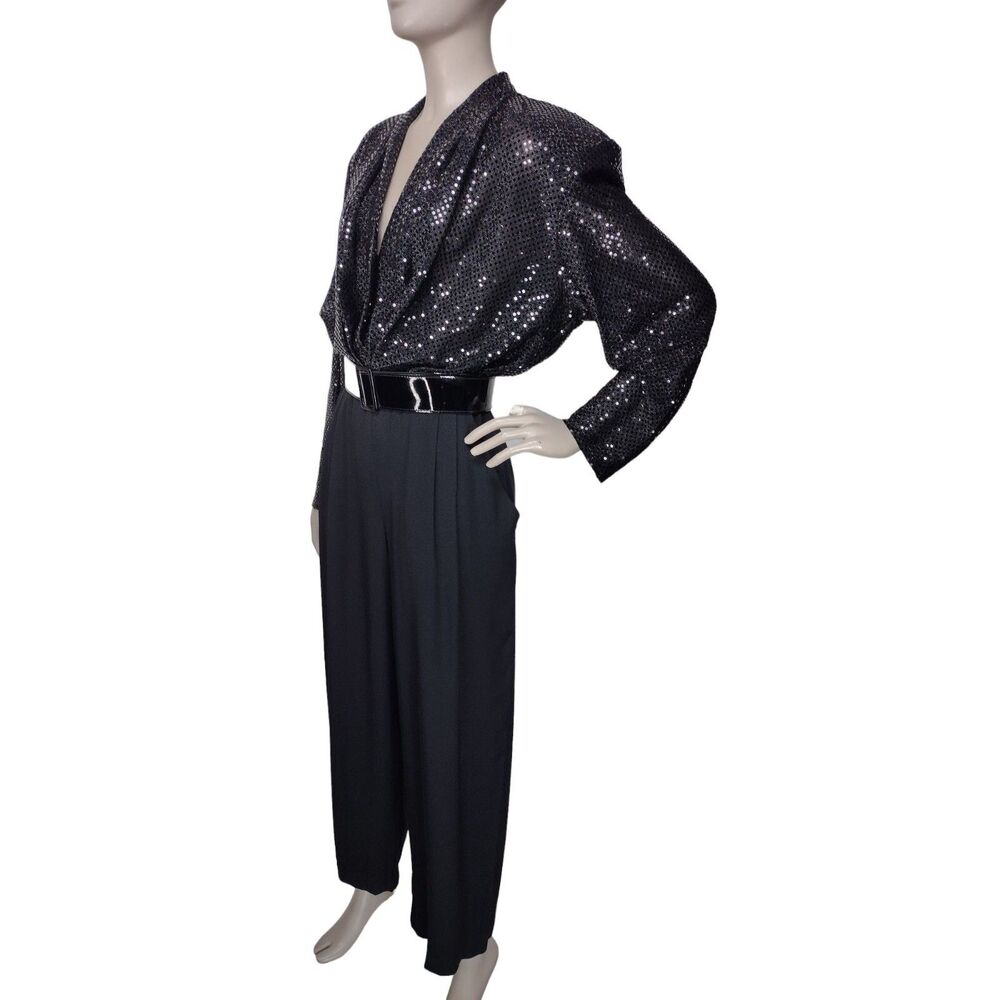 Vintage 80s Black High Shoulder Draped Deep V-Neck Sparkly Sequined Jumpsuit